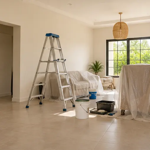 Lichte woonkamer tijdens renovatie met trapladder